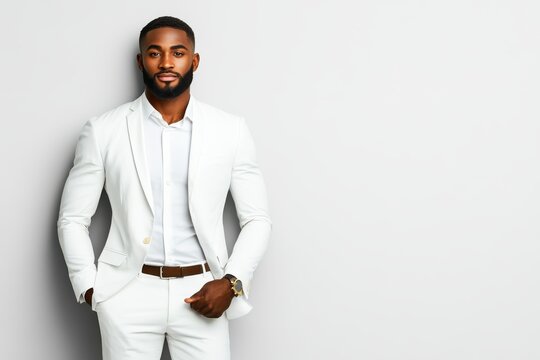 Stylish young man in a tailored white suit poses confidently against a minimalist background in an elegant studio setting