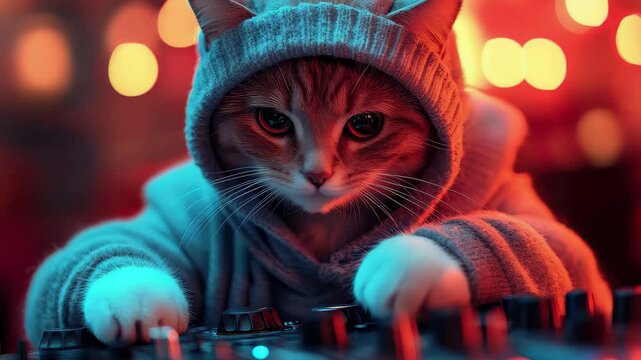 Cat in a hoodie mixes music at a vibrant party with colorful lights