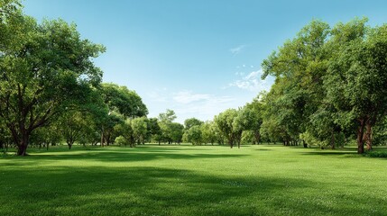 Obraz premium Beautiful sunny green park with trees under a blue sky