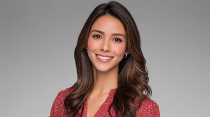 portrait of a American Latina female TV smiling business professional woman news presenter brown long hair wearing dressed elegantly formal on a grey background AI Generate