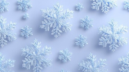 White snowflakes on a plain white or blue background, highlighting their unique symmetrical patterns. SEAMLESS PATTERN. SEAMLESS WALLPAPER.
