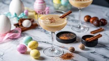 Easter eggnog with a martini. A stick of cinnamon is placed on the rim, and grated nutmeg is sprinkled on top. The glass is decorated with Easter eggs and small vases with cinnamon and nutmeg.