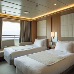 Cozy twin bedroom with ocean view in modern decor
