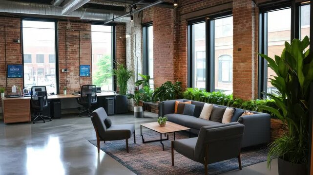Modern workspace with natural light and greenery in an urban setting, showcasing a stylish lounge area and desks