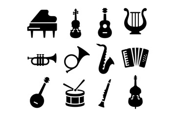 Obraz premium Silhouette icons of musical instruments: piano, violin, guitar, and more