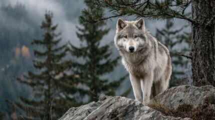 Obraz premium A wolf is standing on a rock in a forest. The wolf is looking at the camera, and the scene is peaceful and serene
