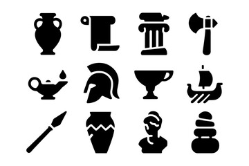 Ancient greek symbols: icon set featuring amphora, helmet, and parthenon column