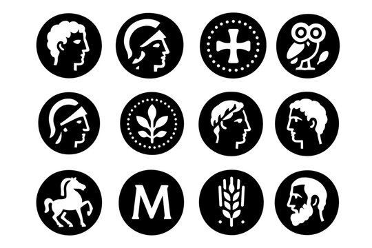Ancient greek coin designs featuring mythological and historical figures