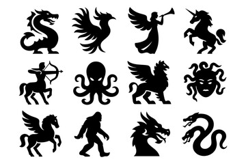 Mythical creatures silhouette set: dragon, phoenix, pegasus, and more