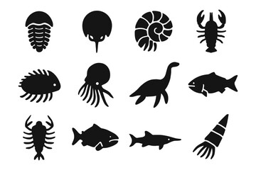 Silhouette of prehistoric marine life and aquatic creatures