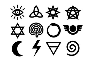 Mystical symbols set: eye, pentagram, triquetra, and more