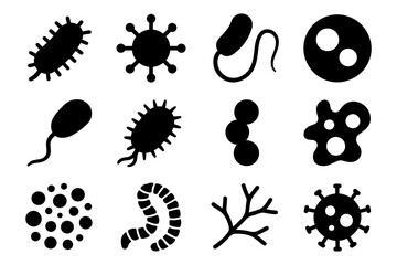 Silhouette set of different bacteria microscopic organism icons in black and white