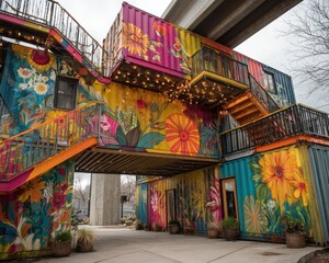 Obraz premium Vibrant floral murals adorn this unique building, constructed from repurposed shipping containers. A whimsical architectural design.