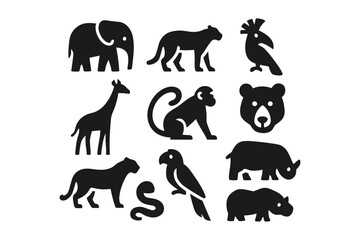 Simple animal silhouettes collection featuring jungle and safari wildlife icons
