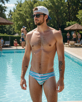 Man in small striped swimsuit stands near pool in suburban backyard on hot summer day