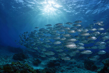 A large school of silvery fish swims in a deep blue ocean illuminated by sunlight creating a radiant underwater scene with visible coral