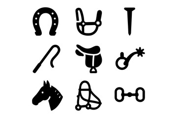 Flat equestrian icons collection: saddles, horseshoes, and tack essentials