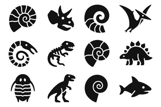 Dinosaur silhouettes and fossils with prehistoric icons in black and white design