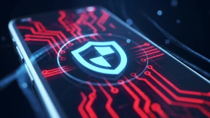 Cybersecurity shield icon on a smartphone screen, glowing with digital circuit board technology.   - Powered by Adobe
