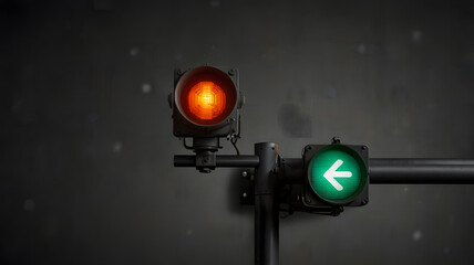 Traffic lights with a red stop signal and a green arrow pointing left, set against a dark background, symbolizing stop and go, safety, and direction
