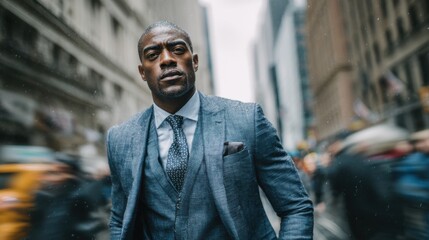 A man in a suit and tie stands in the middle of a busy city street. The man is wearing a blue suit and tie, and he is looking ahead with a serious expression. The scene is bustling with activity