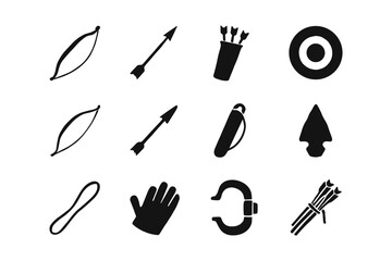 Archery icons set: black silhouette of bow, arrow, quiver, and target