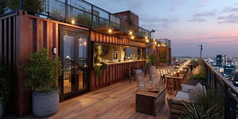 Fototapeta premium Rooftop bar with a city view at dusk. Warm lighting creates a cozy ambiance.