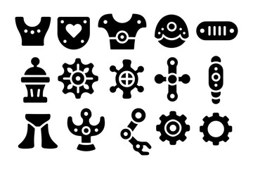 Bold silhouette icons of medieval armor and gear elements
