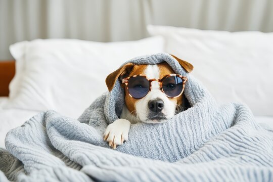 Dog wearing sunglasses wrapped in a cozy blanket
