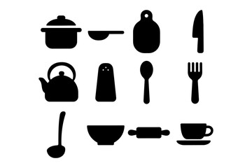 Kitchen silhouette icons: essential cooking and dining utensils in black
