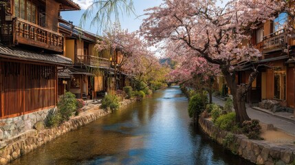 Obraz premium Kyoto, Japan at the Shirakawa River in the Gion District during the spring cherry blosson season., no logos, no brands