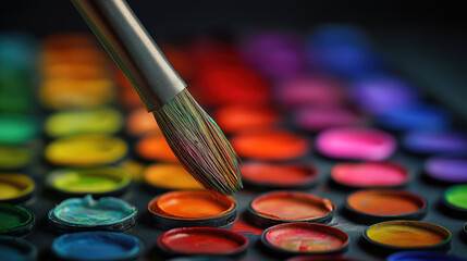 Watercolor Paintbrush and Palette: A close-up shot of a paintbrush delicately resting on a vibrant watercolor paint palette, showcasing a spectrum of colors ready for artistic expression. 
