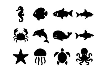 Naklejka premium Silhouette ocean creatures collection: icon set featuring fish, whale, shark, and more