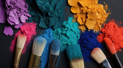 Colorful Makeup Powder and Brushes: A vibrant collection of makeup powder in diverse shades and makeup brushes arranged artistically on a dark surface.