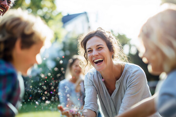 Joyful Family Gathering: A heartwarming scene of a family playing with water outdoors on a sunny day, filled with laughter and genuine connection.