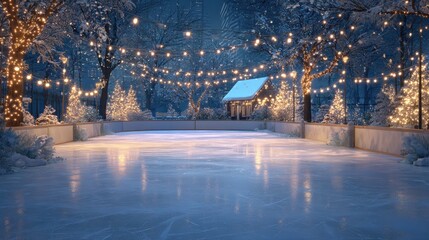 A magical Christmas themed outdoor ice skating rink with twinkling lights