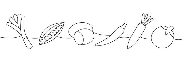 Bunch of peas, potato, chili pepper, carrot, tomato, spring onions one line continuous drawing. Fresh organic vegetables. Vector illustration