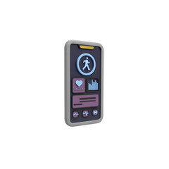 The smartphone interface is fitness-oriented, displaying running activity with a progress indicator and heart rate monitor icon, as well as icons related to health and activity tracking