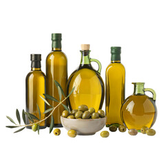 Bottles of fresh olive oil with olives and branch on a dark surface isolated on transparent background
