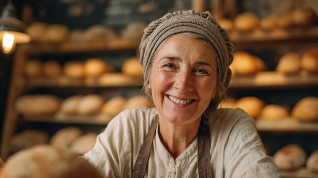 Delighted mature female baker looking at camera and smiling while working in bakery