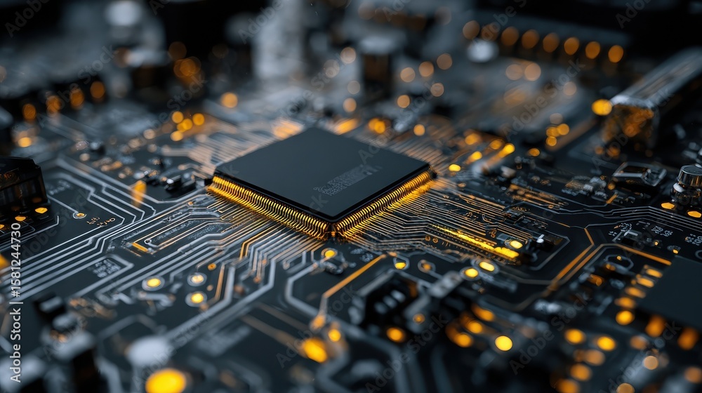 Poster microprocessor with intricate circuit board design illuminated by soft lighting, showcasing technolo