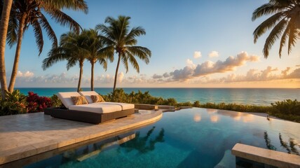 Miami Beach Lounge 2025
A luxurious Miami beachfront villa at sunset, featuring a pristine infinity pool overlooking the ocean