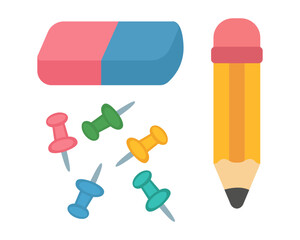 Pencil with eraser and colorful push pins set of small classroom desk supplies for notes study planners and kids projects. Vector illustration.