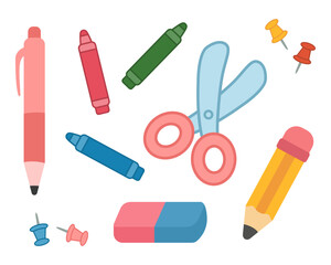 Mixed set of school stationery pencil pen brush scissors eraser thumbtacks and ruler for classroom crafts and learning supplies. Vector illustration.