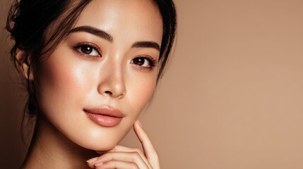 Naklejka premium Portrait of a flawless Asian woman with radiant and smooth skin emphasizing facial care treatment and beauty