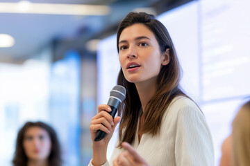 Confident Presentation: A poised and articulate woman commands attention with a microphone in hand, delivering a dynamic presentation in a professional setting.