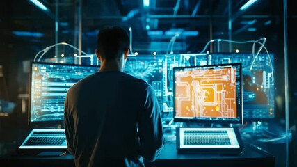 A computer engineer working on a laptop set against the backdrop of a server room, data center, and expansive data storage facilities—visually embodying the core themes of digital technolo 4K