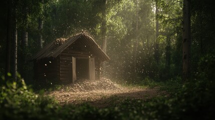 Forest cabin in sunlit woodland with falling leaves