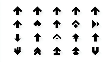 Black arrows icons. Modern arrow up, direction sign graphic symbols. Infographic up down elements, pointer or interface cursor recent vector set, no logos, no brands