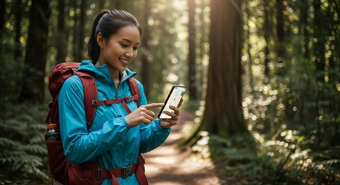A woman hiker uses her smartphone to navigate through a forest trail.  She is wearing a backpack and looks at a map application on her phone.  